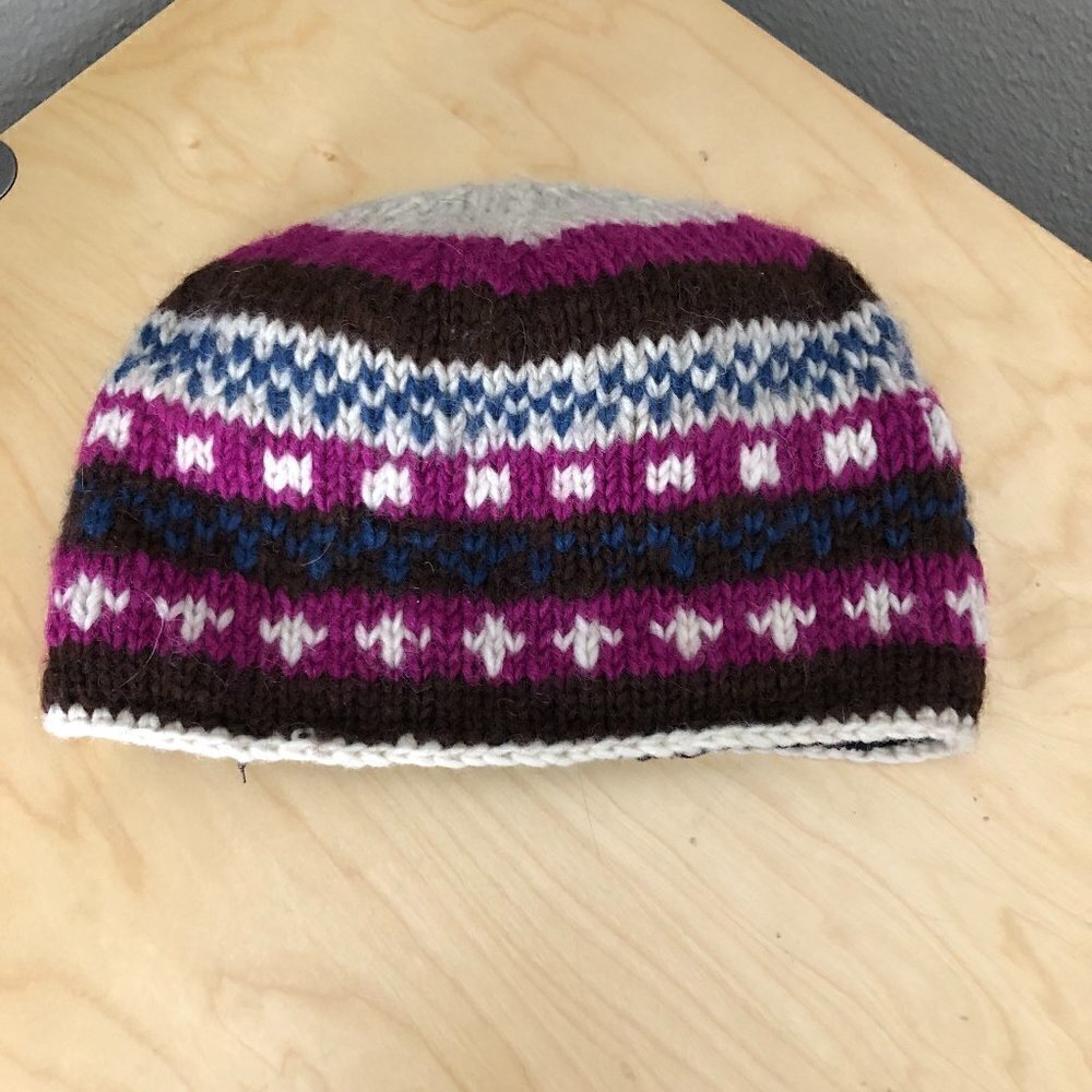 Handcrafted Fair Isle Wool Beanie Women's One Size Pink Gray Made in Nepal